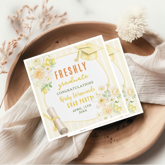 Yellow Stripes Lemons and Flowers Graduation Serviette