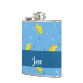 Yellow submarine and fish on blue flachmann (Links)