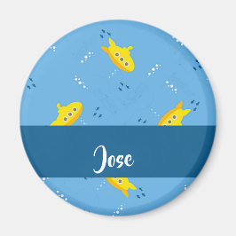 Yellow submarine and fish on blue magnet