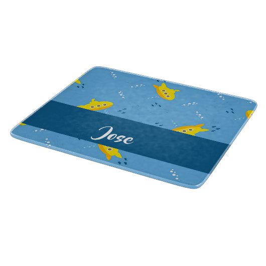 Yellow submarine and fish on blue schneidebrett (Ecke)