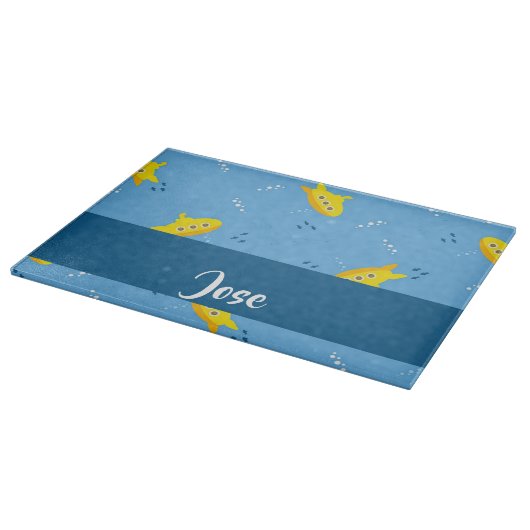 Yellow submarine and fish on blue schneidebrett (Ecke)