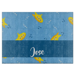 Yellow submarine and fish on blue schneidebrett