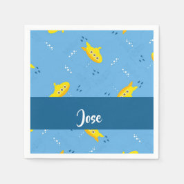 Yellow submarine and fish on blue serviette