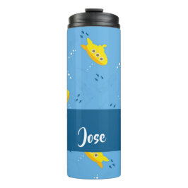 Yellow submarine and fish on blue thermosbecher