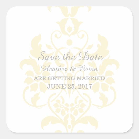 Yellow Subtle Damask Save the Date Stickers (Vorderseite)