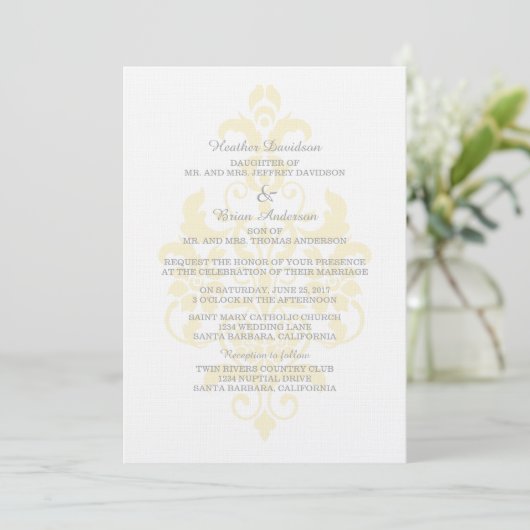 Yellow Subtle Damask Wedite Invite Einladung (Stehend Vorderseite)