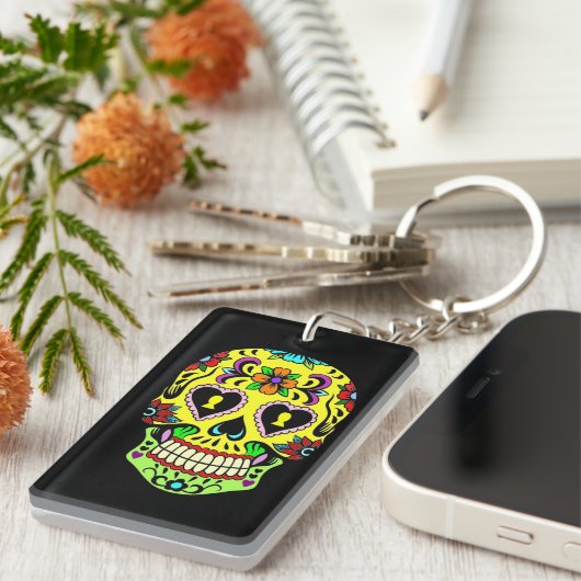 Yellow Sugar Skull Day of the Dead Key Chain Schlüsselanhänger (Vorderseite rechts)