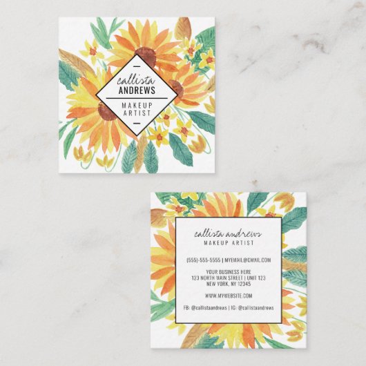 Yellow Summer Sunflower Watercolor Makeup Quadratische Visitenkarte (Vorne/Hinten)