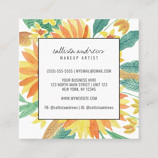 Yellow Summer Sunflower Watercolor Makeup Quadratische Visitenkarte (Rückseite)