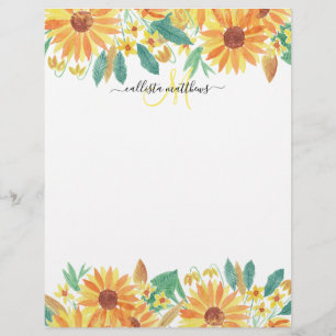 Yellow Summer Sunflower Watercolor Monogram Briefbogen