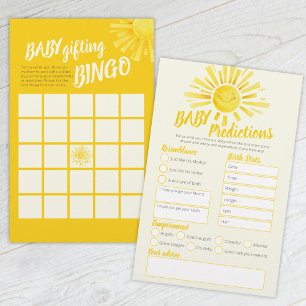 Yellow Sun Baby Dusche Vorhersage und Bingo Games Flyer