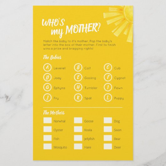 Yellow Sun Baby Dusche Wortsuche Babyspiel Flyer (Hinten)