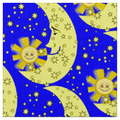 Yellow Sun Moon Stars Blauer Stoff (Nahaufnahme)