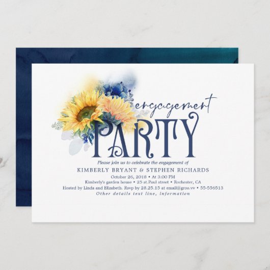 Yellow Sunblumen Navy Blue Engagement Party Einladung (Vorne/Hinten)