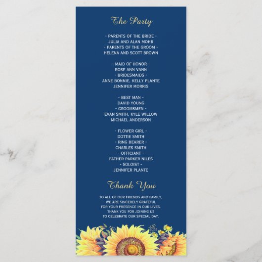 Yellow Sunblumen Rustic Navy Blue Wedding Programm (Rückseite)