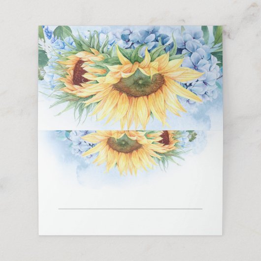 Yellow Sunblumen und Dusty Blue Hydrangea Wedding Platzkarte (Außenseite Aufgefaltet)