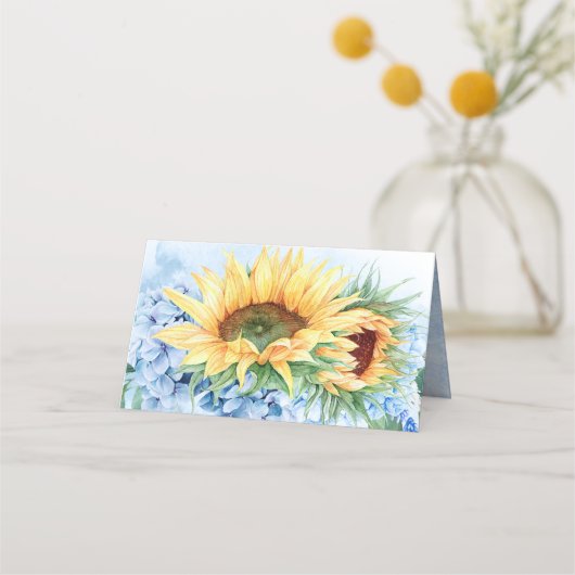 Yellow Sunblumen und Dusty Blue Hydrangea Wedding Platzkarte (Rückseite)