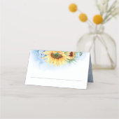 Yellow Sunblumen und Dusty Blue Hydrangea Wedding Platzkarte (Vorderseite)