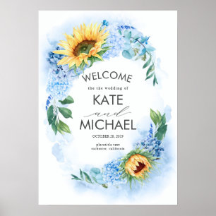 Yellow Sunblumen und Dusty Blue Hydrangea Wedding Poster
