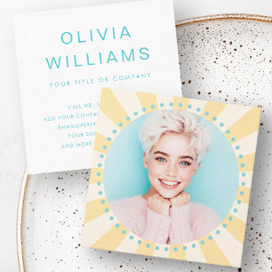 Yellow sunburst aqua blue dots trendiges, frisches quadratische visitenkarte