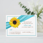 Yellow Sunflower Aqua Blue Ribbon Wedding RSVP (Stehend Vorderseite)