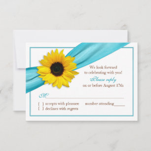 Yellow Sunflower Aqua Blue Ribbon Wedding RSVP Karte