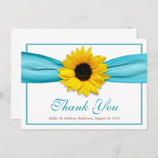 Yellow Sunflower Aqua Ribbon Wedding Danke (Vorne/Hinten)