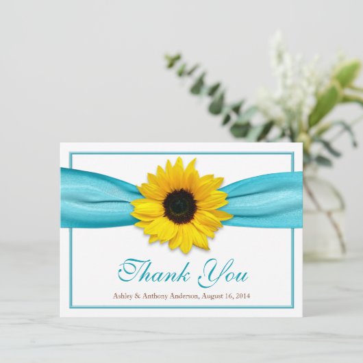 Yellow Sunflower Aqua Ribbon Wedding Danke (Stehend Vorderseite)
