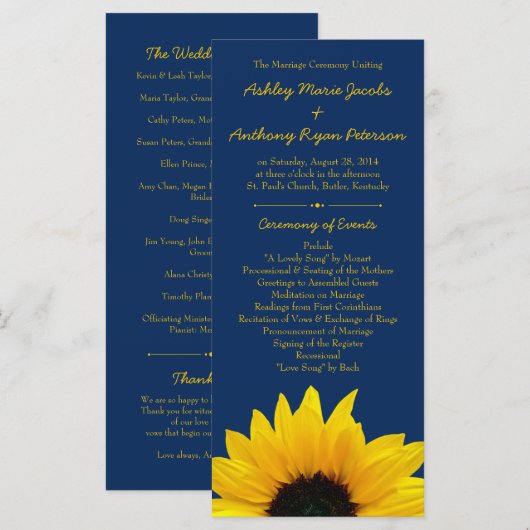 Yellow Sunflower Blume Navy Blue Wedding Program Programm (Vorne/Hinten)