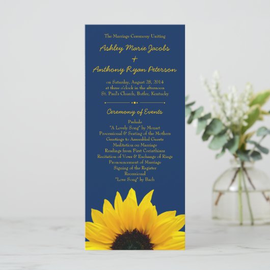 Yellow Sunflower Blume Navy Blue Wedding Program Programm (Stehend Vorderseite)