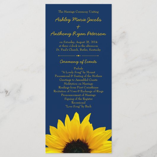 Yellow Sunflower Blume Navy Blue Wedding Program Programm (Vorderseite)