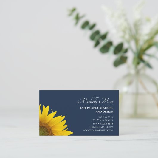 Yellow Sunflower Botanical Boho Navy Blue Visitenkarte (Stehend Vorderseite)