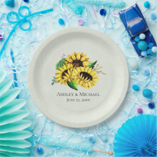 Yellow Sunflower Bouquet in Watercolor Wedding Pappteller