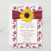 Yellow Sunflower Burgundy Damask Wedding Einladung (Vorderseite)
