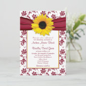 Yellow Sunflower Burgundy Damask Wedding Einladung (Stehend Vorderseite)