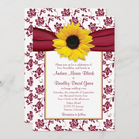 Yellow Sunflower Burgundy Damask Wedding Einladung (Vorne/Hinten)