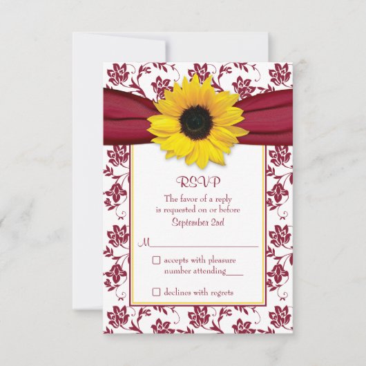 Yellow Sunflower Burgundy Damask Wedding RSVP Card Karte (Vorderseite)