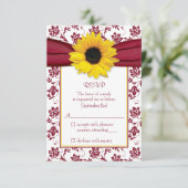Yellow Sunflower Burgundy Damask Wedding RSVP Card Karte (Stehend Vorderseite)