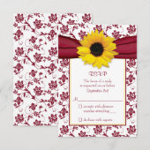 Yellow Sunflower Burgundy Damask Wedding RSVP Card Karte (Vorne/Hinten)