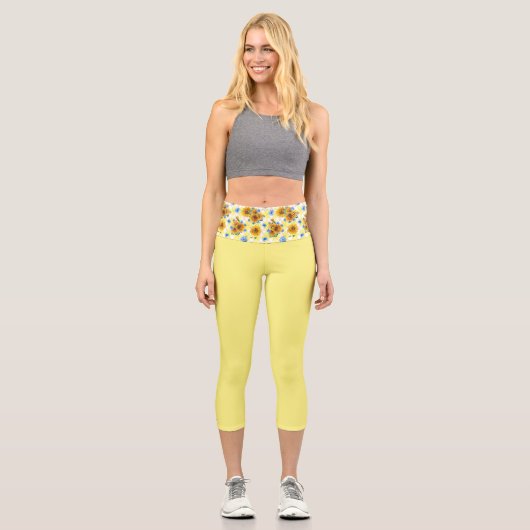 Yellow Sunflower Capri Leggings (Vorderseite)