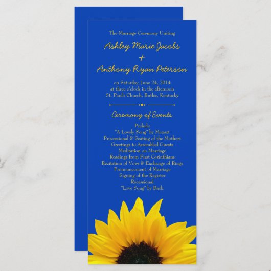 Yellow Sunflower Cobalt Blue Wedding Program Programm (Vorne/Hinten)
