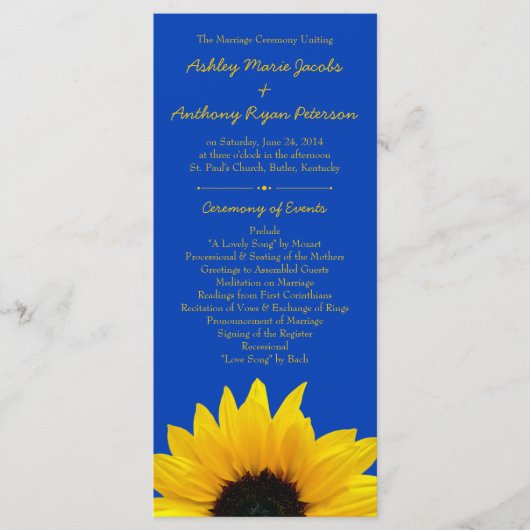 Yellow Sunflower Cobalt Blue Wedding Program Programm (Vorderseite)