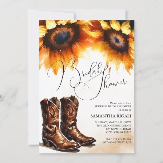 Yellow Sunflower Cowboy Boots Brautparty Einladung (Vorderseite)