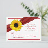 Yellow Sunflower Deep Red Ribbon Wedding RSVP (Stehend Vorderseite)