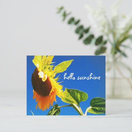 Yellow Sunflower Foto Hello Sunshine Script Bold Postkarte (Stehend Vorderseite)