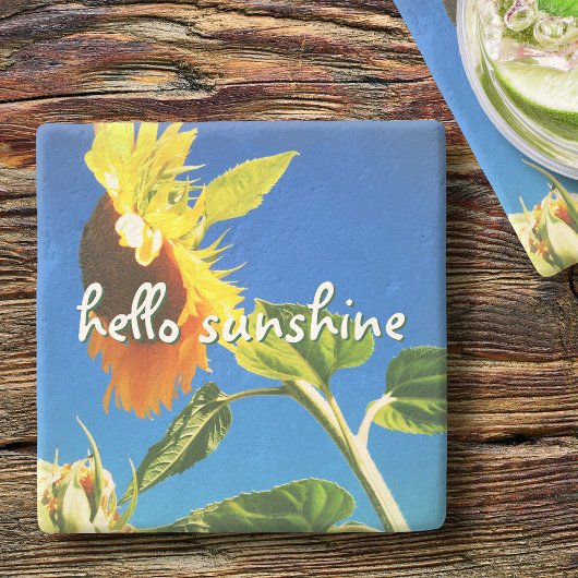 Yellow Sunflower Foto Hello Sunshine Script Bold Steinuntersetzer