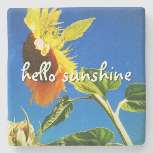 Yellow Sunflower Foto Hello Sunshine Script Bold Steinuntersetzer (Vorderseite)