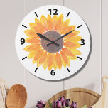 Yellow Sunflower Large Clock Große Wanduhr<br><div class="desc">Sunflowers bring joy!
Brighten your day with this charming floral clock featuring an original watercolor sunflower and a simple clock face.
Because we create our own artwork you won't find this exact image from other designers.
Original Watercolor © Michele Davies.</div>