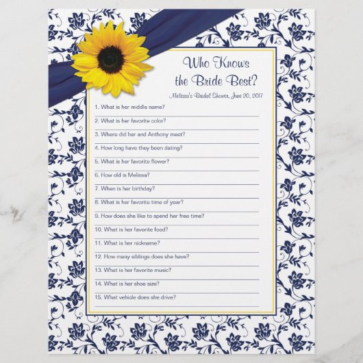 Yellow Sunflower Navy Blue Brautparty Game (Vorderseite)