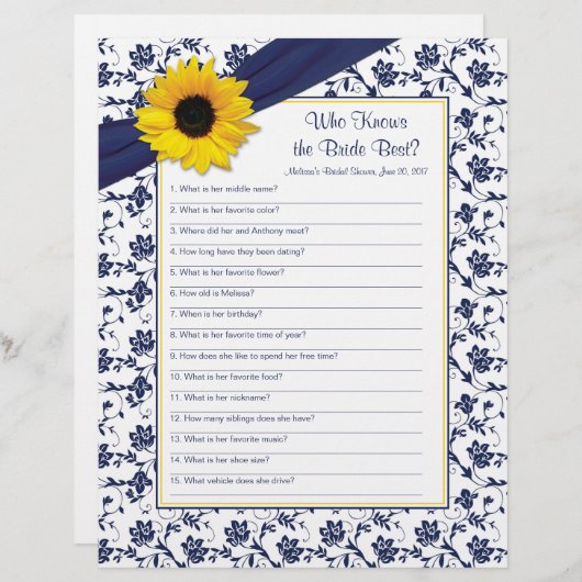 Yellow Sunflower Navy Blue Brautparty Game (Vorne/Hinten)